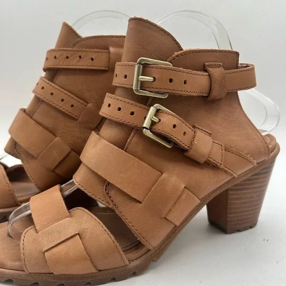 NEW Sorel Nadia Buckle Heel Sandal Camel Brown Leather Boho Chunky Size 8.5 - Picture 4 of 13